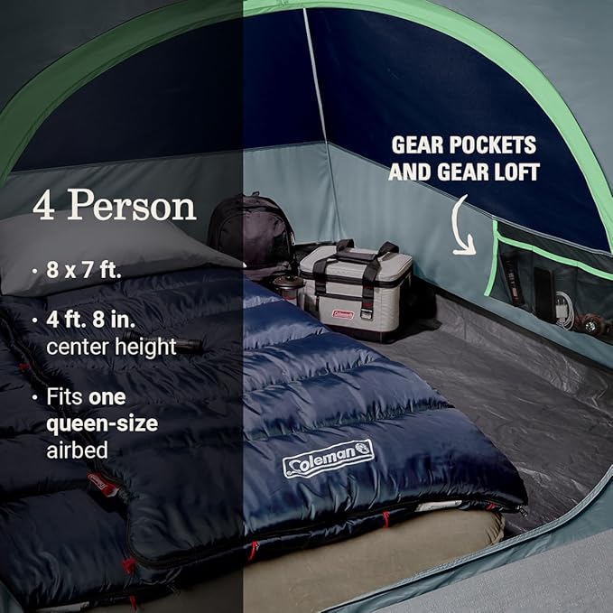 Coleman Skydome Tent with LED Lights & 5-Minute Setup, Weatherproof 4-Person Tent with Overhead Lighting, Made of PFAS-Free Materials