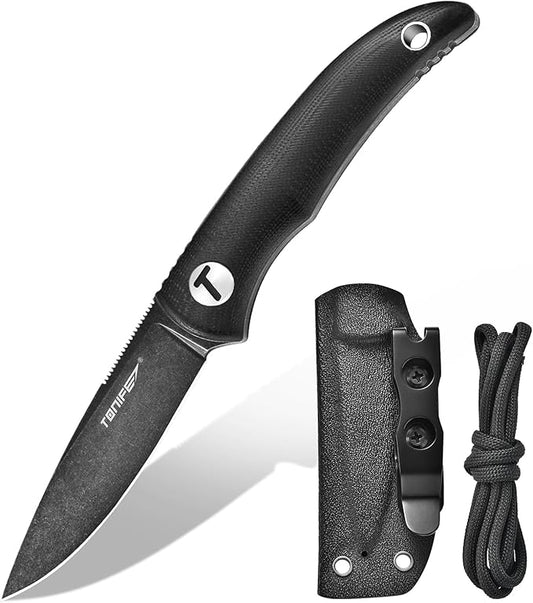 TONIFE Nova 2.68'' Blade Mini Neck Knife Knife Full Tang Fixed Blade Knife with Kydex Sheath and Adjustable Paracord Lanyard for Camping Outdoor Survival Tool (Black+Black Oxide then Stonewash)