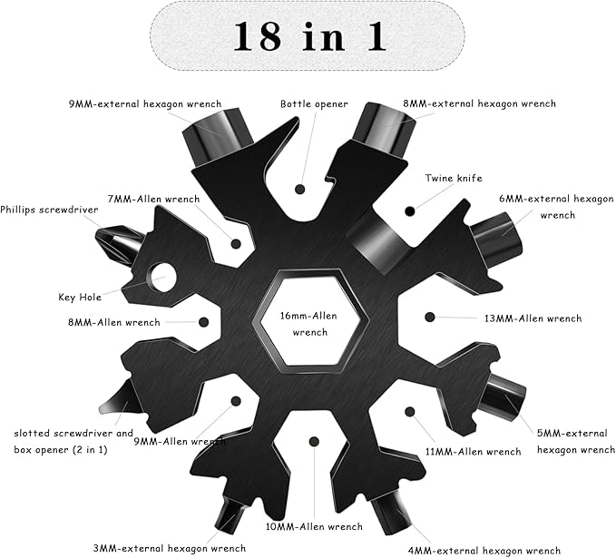 Snowflake Multitool, 2pcs Snowflake Tool Stainless Steel 18 in 1 Snowflake Multitool with Carabiner Clip, Keyring and Storage Bag for Christmas Gift Men's Present（double black）