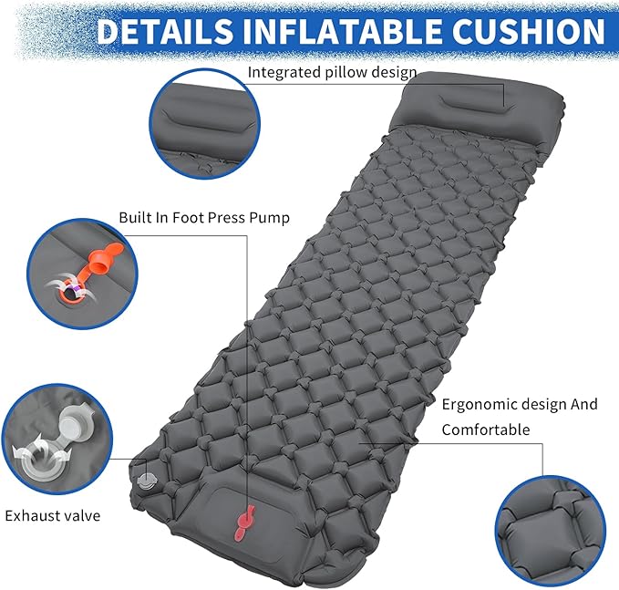 DDD Ultra-Light Inflatable Camping Sleeping Pad with its Built-in Foot Pump and Pillow - The Ultimate Camping pad, Hiking pad, Backpacking Pad and Lightweight for a Outdoor Sleep——Gray