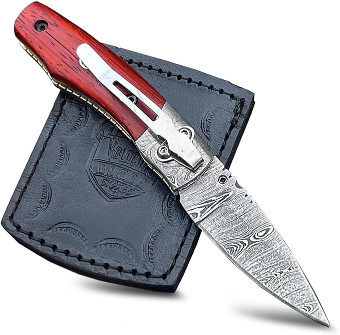 BMK-406 Taipan 4 Long 3 Blade 5 Ounce Damascus Pocket Clip Knives Handmade Damascus Pocket Folding Knife With Leather Cover Hand Made Word Class Knives