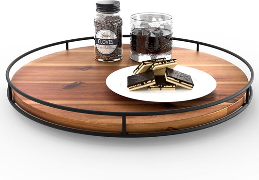 16" Acacia Wood Lazy Susan Turntable with Metal Frame - Large Lazy Susans Organizer Countertop Storage - Wooden Serving Tray for Charcuterie Cheese Board - Kitchen Counter Rotating
