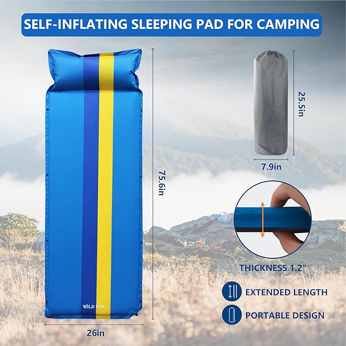 WILD FUN Sleeping Pad for Camping, Memory Foam Camping Mattress with Pillow, Self Inflating Camping Pad 1.2" Thick Foam, Air Mattress Inflatable Sleeping Mat for Backpacking,Hiking