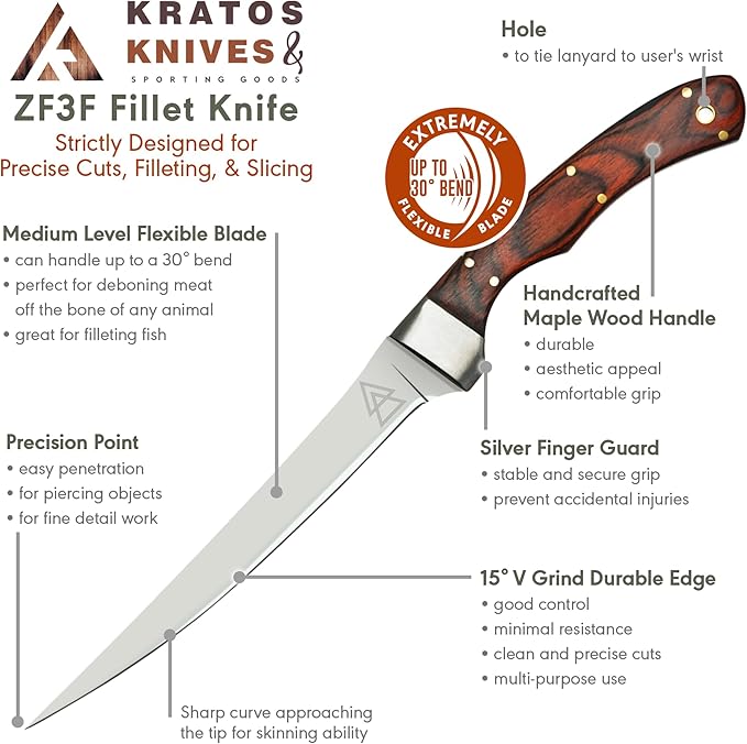 Bushcraft Fillet Knife, 12 Inch Fillet Knife for Fish, Fixed Blade Fish Fillet Knife, 440C Hardened Stainless Steel Boning Knife by Kratos - ZF3F