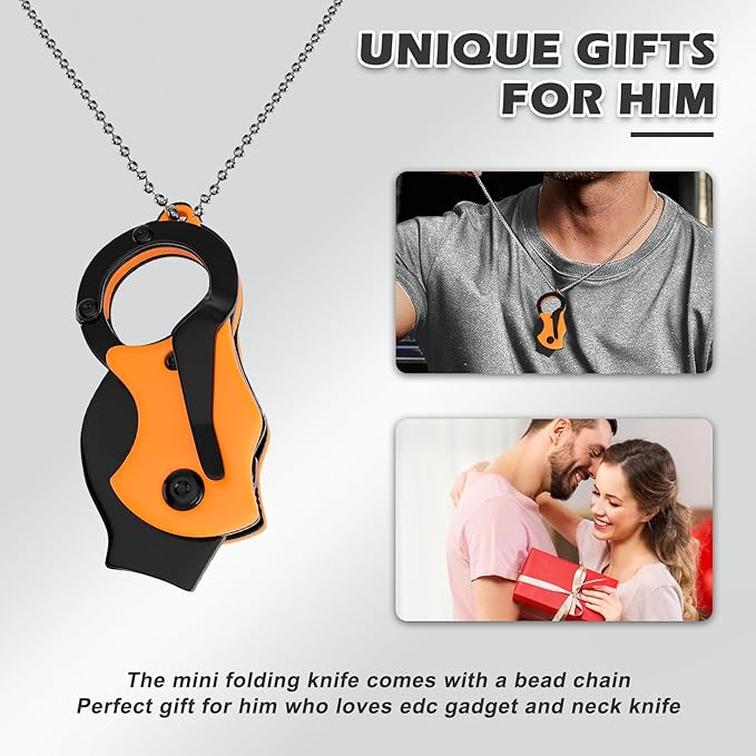 Mini Pocket Knife Neck Knife Cute Box Cutter - 3.3 Inch EDC Small Folding Knife Necklace, Stocking Stuffers Gifts for Men and Women (Orange)