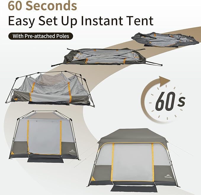 Naturehike Cape 4/6/8 Person Camping Tent, 60S Easy Setup Instant Tent Pop up Tent, Waterproof Large Tall 6/8 Person Tents for Camping, Car Camping