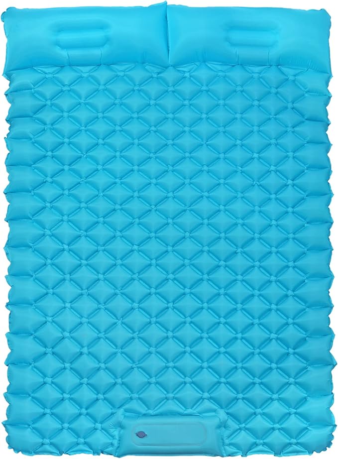 VINTEAM Double Sleeping Pad with Pillow Hand or Foot Self Inflating Camping Mat Durable 40D Nylon Camping Air Mattress Ultralight 2 Person Camping Sleeping Pad or Tent Hiking Camp Travel (Blue)