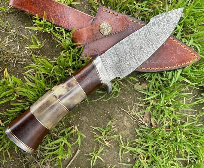 Damascus Steel Hunting Knife Fixed Blade for Camping, Survival- Premium Outdoor Gear for Versatile Use - Razor Sharp Edge with Bone and Rose Wood