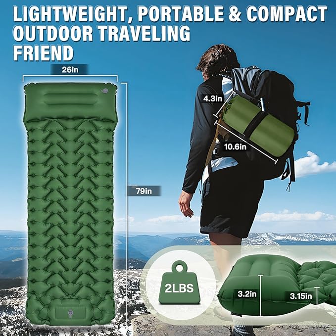 Sleeping Pad, 50D Inflatable Camping Mat with Pillow Built-in Foot Pump Sleeping Mat Waterproof Portable and Compact Camping Mattress for Backpacking Hiking Traveling Tent Air Mattress (Green)