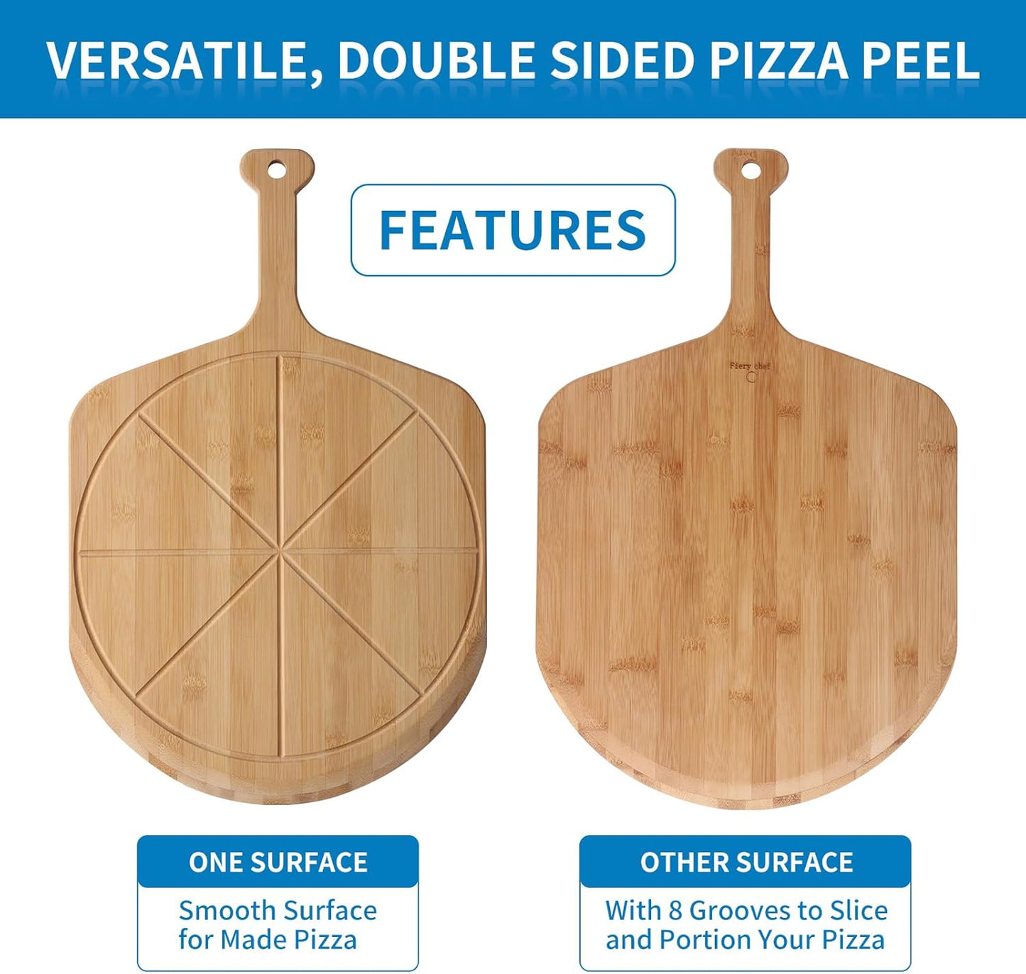 14” Bamboo Pizza Peel - Lightweight Smooth Wooden Pizza Paddle and Pizza Cutting Board with 8 Slice Grooves, Outdoor Pizza Oven Accessories, 21.6 Inch x 14 Inch