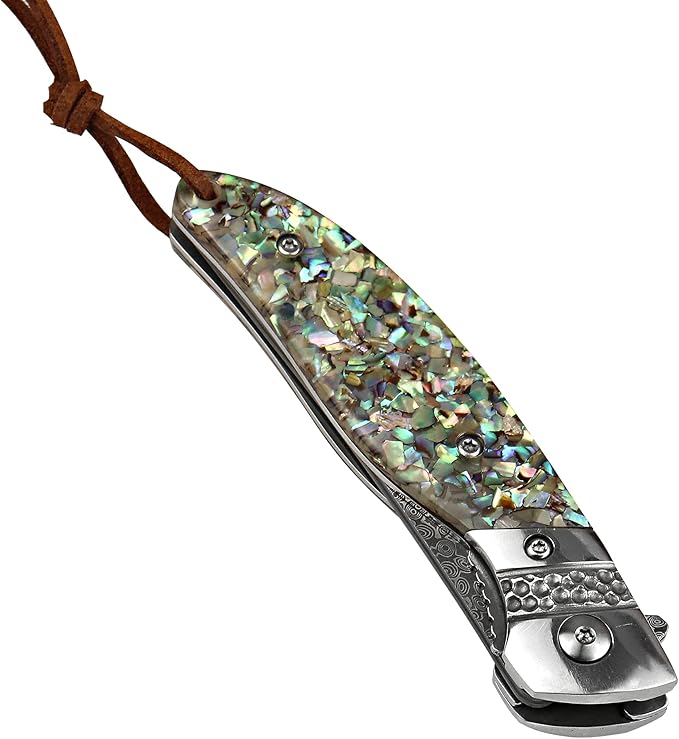 ALBATROSS HGDK028 EDC Sharp Mordern Damascus Folding Pocket Knife with Abalone shell Synthetic Material Handle,Ball Bearing Assisted Opening Knives with Liner Lock Tail rope，Gifts/Collections