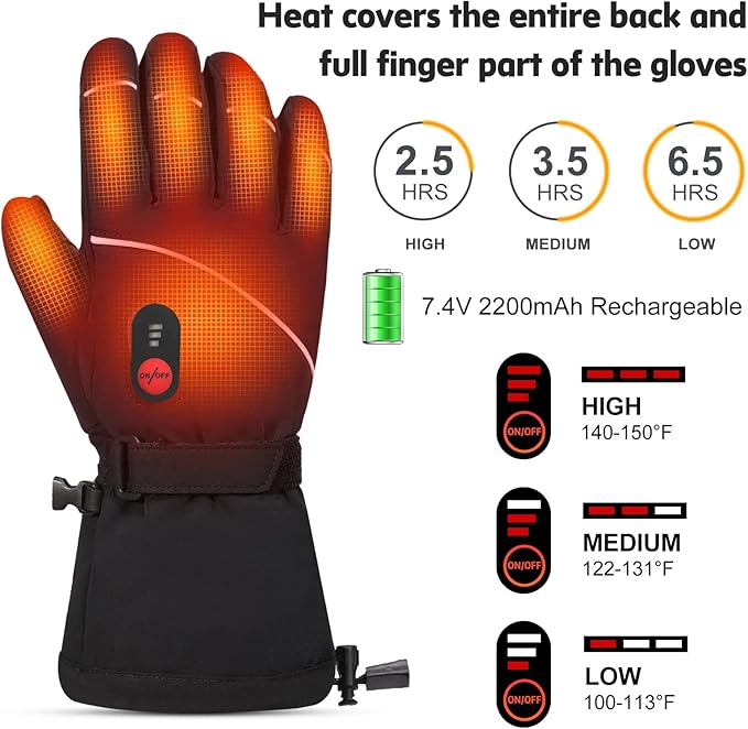 Heated Gloves Electric Battery Heated Gloves Rechargeable for Men Women Heated Ski Gloves Water Resistant Touchscreen 7.4V 2200mAh up to 6.5hrs for Skiing Hiking Motorcycling Camping