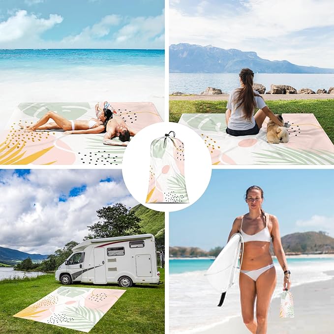 Beach Blanket, 78''×86'' Large Waterproof Sandproof Picnic Blanket for 2-4 Adults, Lightweight Compact Pink Sand Free Outdoor Mat w/ 4 Stakes for Camping, Travel, Hiking, Beach Accessories