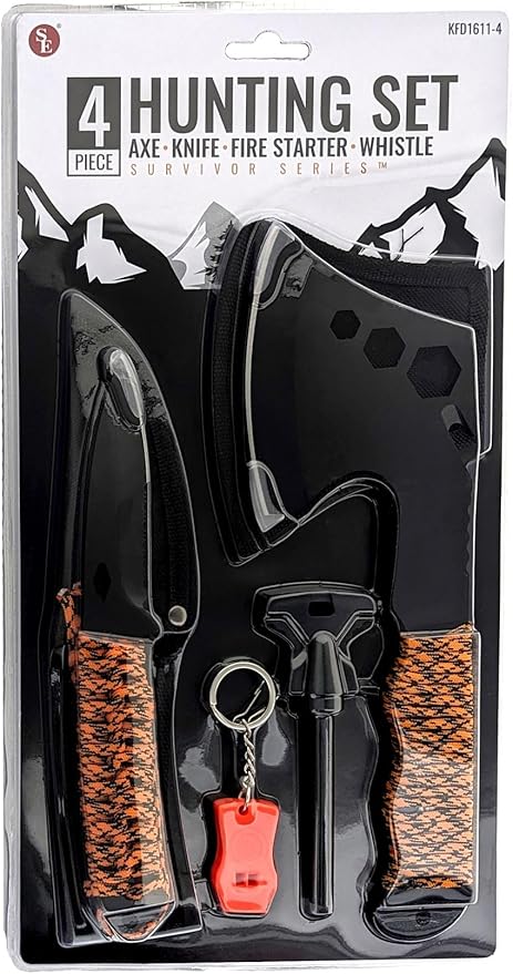 SE 4-Piece Survival Essentials Kit with 10.5-Inch Axe, 8-Inch Drop Point Knife, Magnesium Fire Starter, & 115dB Whistle - Hunting & Outdoor Gear