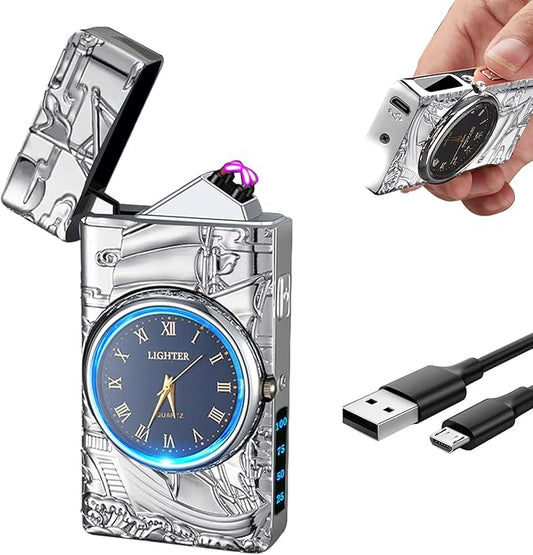 Cool Lighter with Clock Dial Electric Lighter with LED Power Display Plasma Lighter Windproof USB Rechargeable Lighter Gifts for Men Women (Sailboat-Silver)