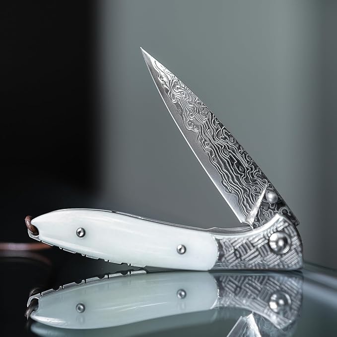 EDC Folding Pocket Knife with Leather Sheath,Handmade Damascus Steel Blade,Bone Handle Thumb Stud Knives for Men Hunting, Piscis Austrinus-02W