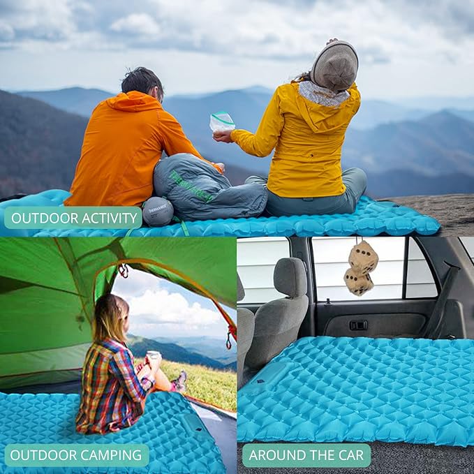 VINTEAM Double Sleeping Pad with Pillow Hand or Foot Self Inflating Camping Mat Durable 40D Nylon Camping Air Mattress Ultralight 2 Person Camping Sleeping Pad or Tent Hiking Camp Travel (Blue)