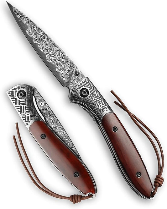 Handmade Damascus Steel Folding Pocket Knife,3.15in Blade Bone Handle Thumb Stud Opener Knives for Men EDC, Piscis Austrinus-02B