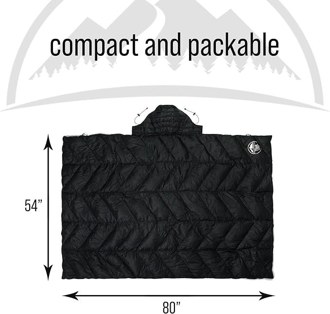 Luxurious Ultralight Down Camping Blanket | Perfect for Backpacking | Packable Puffy Outdoor Quilt with Hood & Pad Straps | Ideal for Travel Camping & Soccer Moms | 80x54 Black