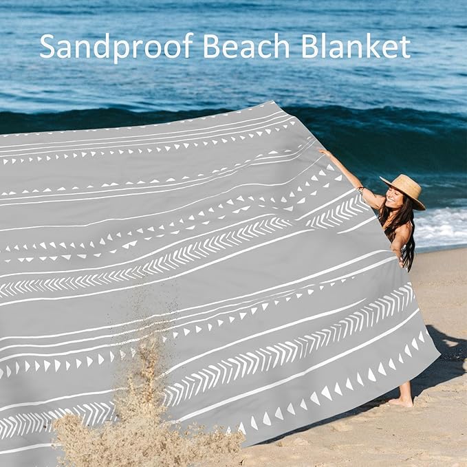 78''×86'' Large Beach Blanket for 4 Adults, Outdoor Beach Mat Sand Proof Waterproof with 4 Stakes & 4 Corner Pockets, Polyester Lightweight Comapct Grey Picnic Mat for Travel, Camping, Hiking