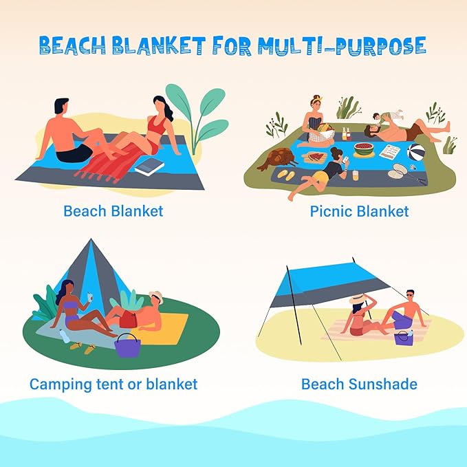 Beach Blanket Waterproof Sandproof 1-8 Adult Oversized 9'×10' Lightweight Durable Compact Sand Free Beach Mat for Travel Camping Hiking Picnic Blanket