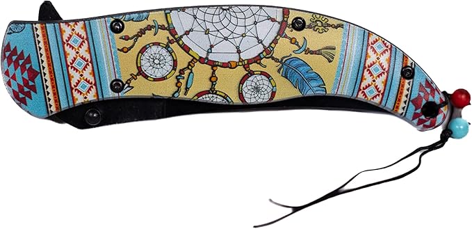 Folding Pocket Knife, 5 inch Stainless Steel Blade Pocket Knife With Buffalo Skeleton with Dreamcatchers on Horn Imprinted|American Heritage Collection| With Pocketclip For Camping, Fishing, Hiking, Gifts For Father, Husband