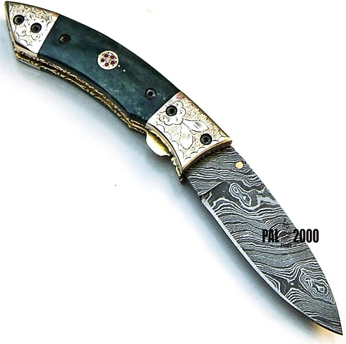 PAL 2000 KNIVES FOL-9455 Handmade Damascus Blade Hunting knife 7.4 Inches Folding Pocket Knife Stained Camel Bone Handle