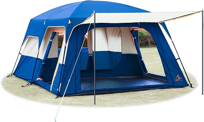 KTT Extra Large Tent 10-12-14 Person(Style-B),Family Cabin Tents,2 Rooms,3 Doors and 3 Windows with Mesh,Straight Wall,Waterproof,Double Layer,Big Tent for Outdoor,Picnic,Camping,Family Gathering