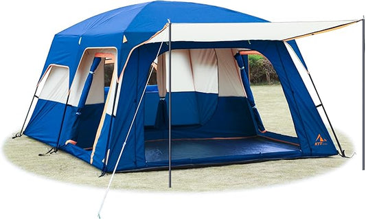 KTT Extra Large Tent 10-12-14 Person(B),Family Cabin Tents,2 Rooms,3 Doors and 3 Windows with Mesh,Straight Wall,Waterproof,Double Layer,Big Tent for Outdoor,Picnic,Camping,Family Gathering
