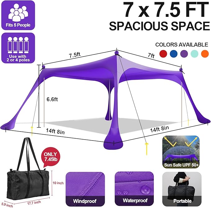 Buheco Beach Tent Pop Up Shade 7x7.5ft Beach Canopy Sun Shelter UPF50+ with 4 Foldable Poles Portable Carrying Bag Sand Shovel Ground Pegs Windproof Ropes for Outdoor Family Camping Fishing Picnic