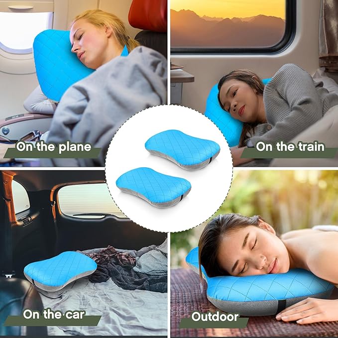 Soaoo 4 Pcs Camping Pillow with Removable Cover Inflatable Pillow Lightweight Backpacking Pillow Neck Lumbar Support Pillow Blow up Pillow with Storage Bags for Air Travel Sleeping Seat Hiking (Blue)