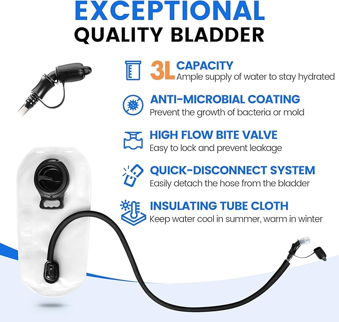 HEYTRIP Hydration Backpack with 3L TPU Water Bladder, Hydration Bladder Cleaning Kit, Insulated Hiking Backpack Lightweight 600D for Running Cycling Hiking Biking Camping