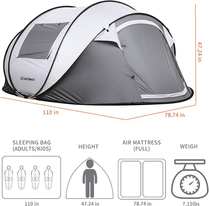 EchoSmile Camping Instant Pop Up Tent, 2/4/6/8/10 Person, Water Resistant Dome, Easy Setup for Camping Hiking and Outdoor, Portable with Carry Bag, 3 Season