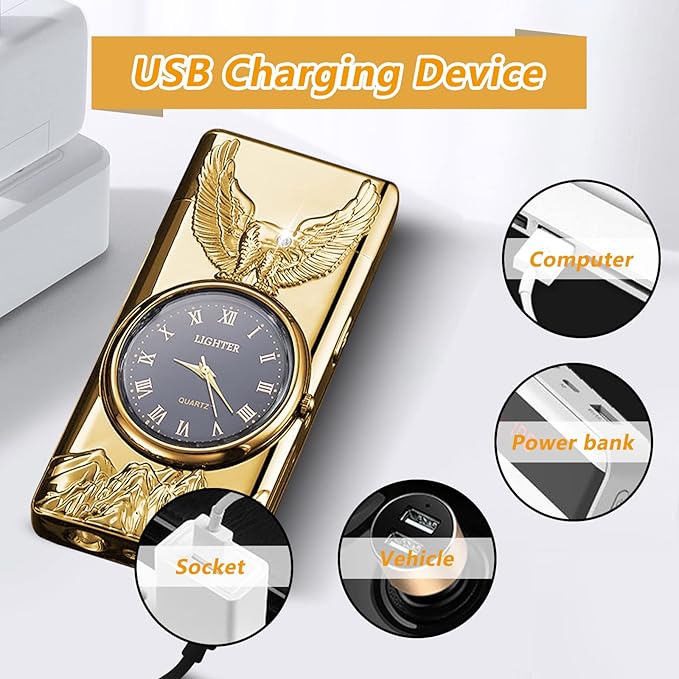 Plasma Lighter USB Rechargeable with led Display arc Lighter with Clock dial time Display Cool Lighter for Father's Day（Gold）