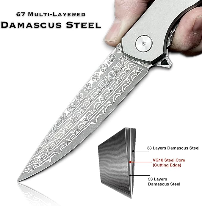 TACTICAL GEARZ EDC Damascus Pocket Folding Knife! Solid Titanium Handle! 67 Multi-Layered VG10 Damascus Steel Blade! (Volan XT Beast Bundle)