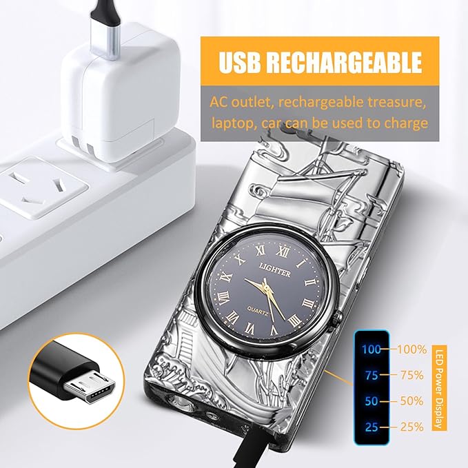 Cool Lighter with Clock Dial Electric Lighter with LED Power Display Plasma Lighter Windproof USB Rechargeable Lighter Gifts for Men Women (Sailboat-Silver)