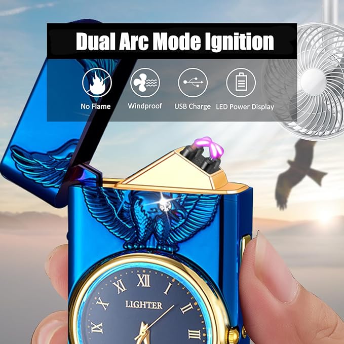 Cool Lighter with Clock Dial Electric Lighter with LED Power Display Plasma Lighter Windproof USB Rechargeable Lighter Gifts for Men Women (Eagle-Blue)