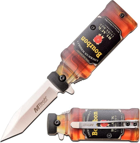 MTECH USA – Folding Knife – Stands Upright – Bourbon Bottle Knife - Satin Stainless Steel Blade w/ABS Handle Shaped Like A Bottle, Liner Lock, Pocket Clip - EDC – MT-A1190B