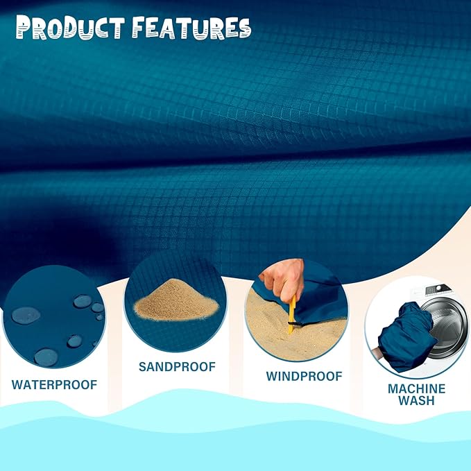 Beach Blanket Waterproof Sandproof 1-7 Adult Oversized 78 '' × 110 '' Lightweight Durable Compact Sand Free Beach Mat for Travel Camping Hiking Picnic Blanket Extra Large