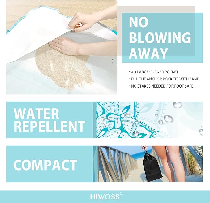 Beach Blanket Waterproof Sandproof Oversized 95”x 80”,Sand Free Beach Mat with Corner Pockets,Portable Mesh Bag for Beach Festival,Picnic,Travel and Outdoor Camping (Mandala)