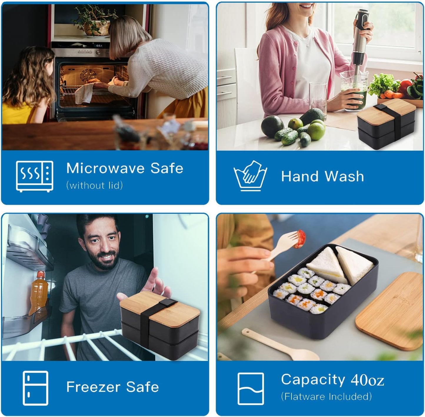 Japanese Bamboo Bento Box with Compartments and Utensils Stackable Lunch Box Includes Lunch Bag for Meal Prep Black