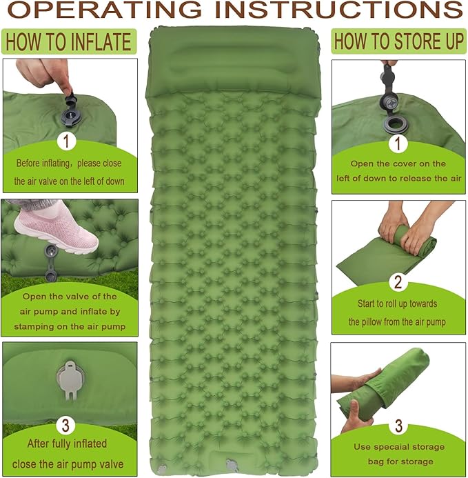 Sleeping Pad Ultralight Inflatable Camping Sleeping Pad with Pillow,Built-in Foot Pump,Lightweight Camping Mattress,Thick 4" Sleeping Mat for Camping Backpacking Hiking (Green, Single)