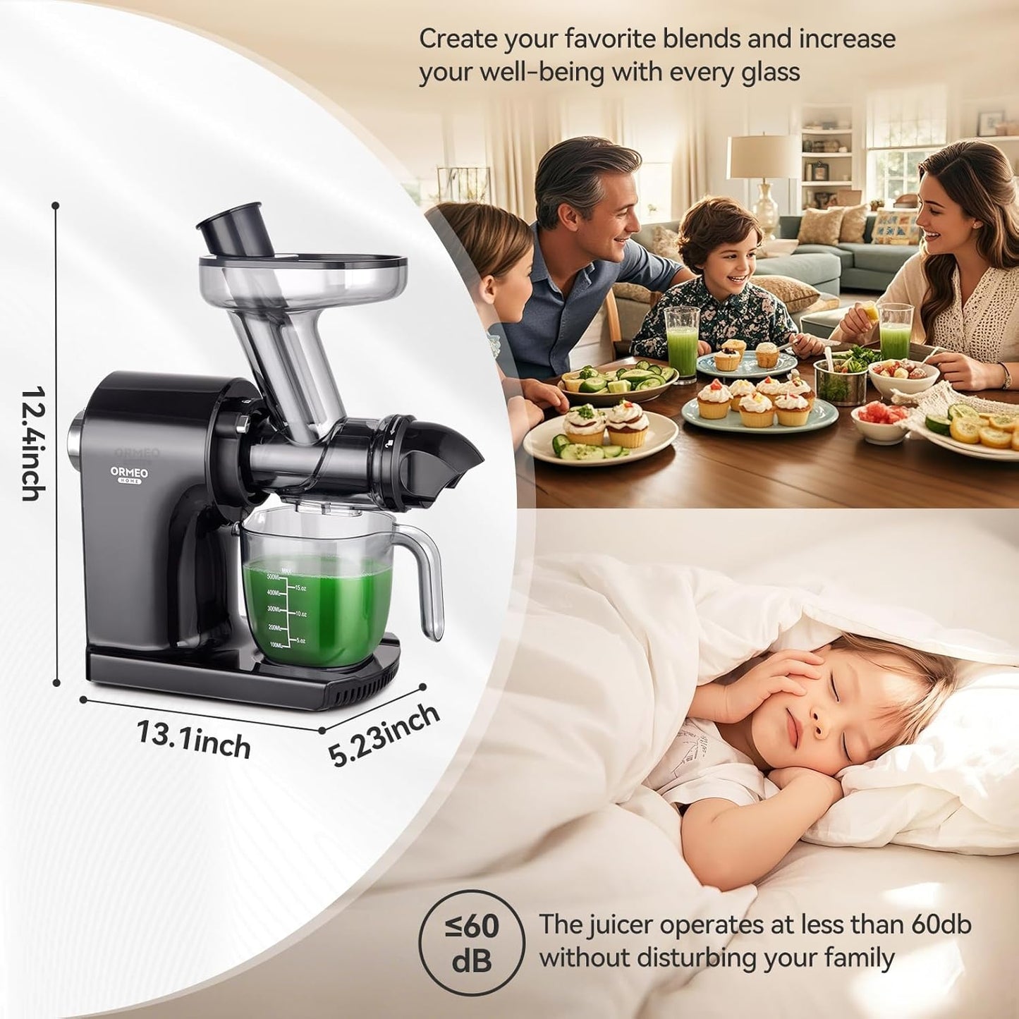 Juicer Machines,ORMEO HOME Cold Press Juicer with Single Knob Control,3.60"Large Feed Chute For Vegetable and Fruit,Masticating Juicers Easy to Clean,BPA-Free,High Juice Yield (Black)