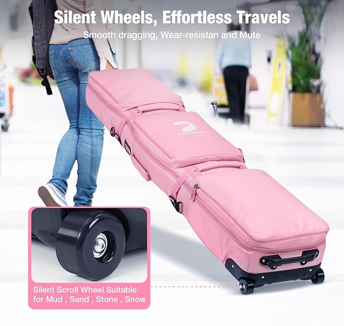 Waterproof Ski Bag with Wheels, Double Rolling Snowboard Bag for Air Travel Extendable From 155CM-187CM, with 3 Padded Outside Compartment Storage Helmet, Boots, Goggles, Jackets