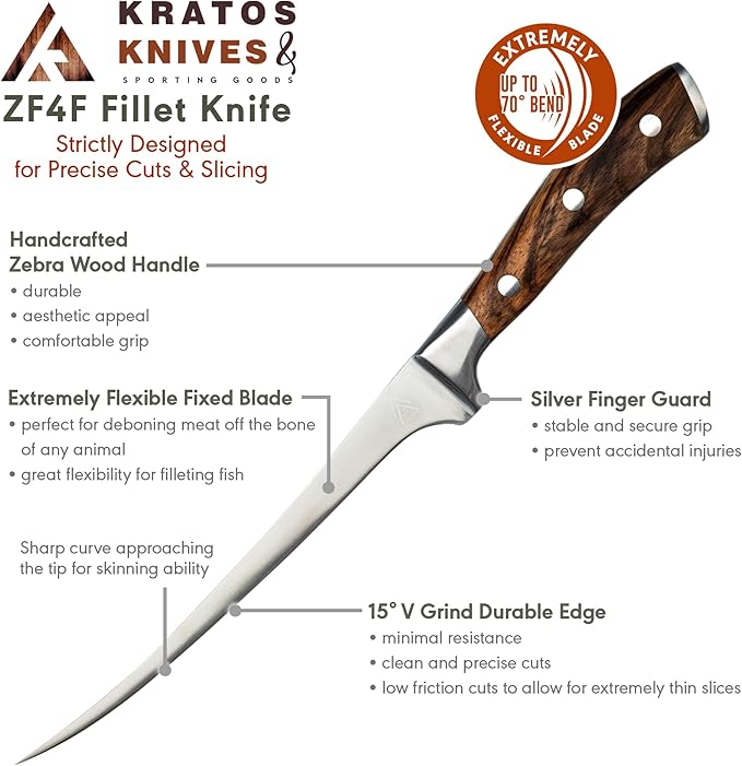 Bushcraft Fillet Knife, 12 Inch Best Fillet Knife for Fish, Boning Knife for Meat Cutting, 440C Stainless Steel Fish Fillet Knife by Kratos - ZF4F