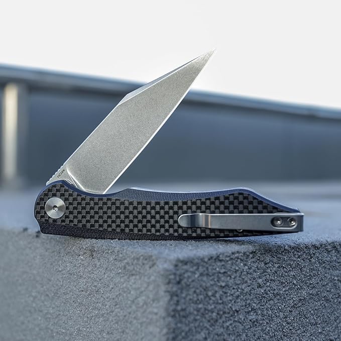 Carbon Fiber Pocket Knife 3.66 inches Stonewashed 14C28N Blade Liner Lock Handle Folding Camping Knives with Deep Carry Reversible Clip for Men Outdoor Hunting，Lynx-05CG