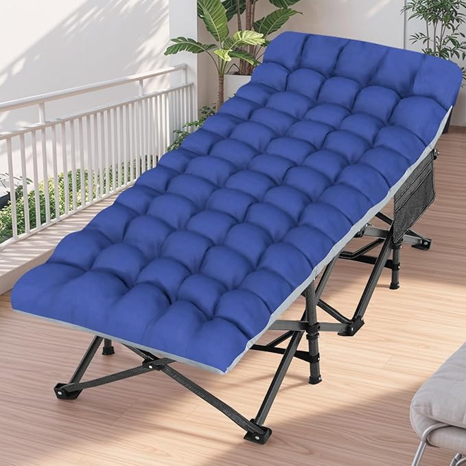 Oversized Folding Camping Cot 32inch w/Mattress, Heavy Duty Portable Sleeping Cot with Carry Bag, Double Layer Oxford Travel Camp Cots for Outdoors & Indoors, Suit for Adults Kids ，Navy/Grey