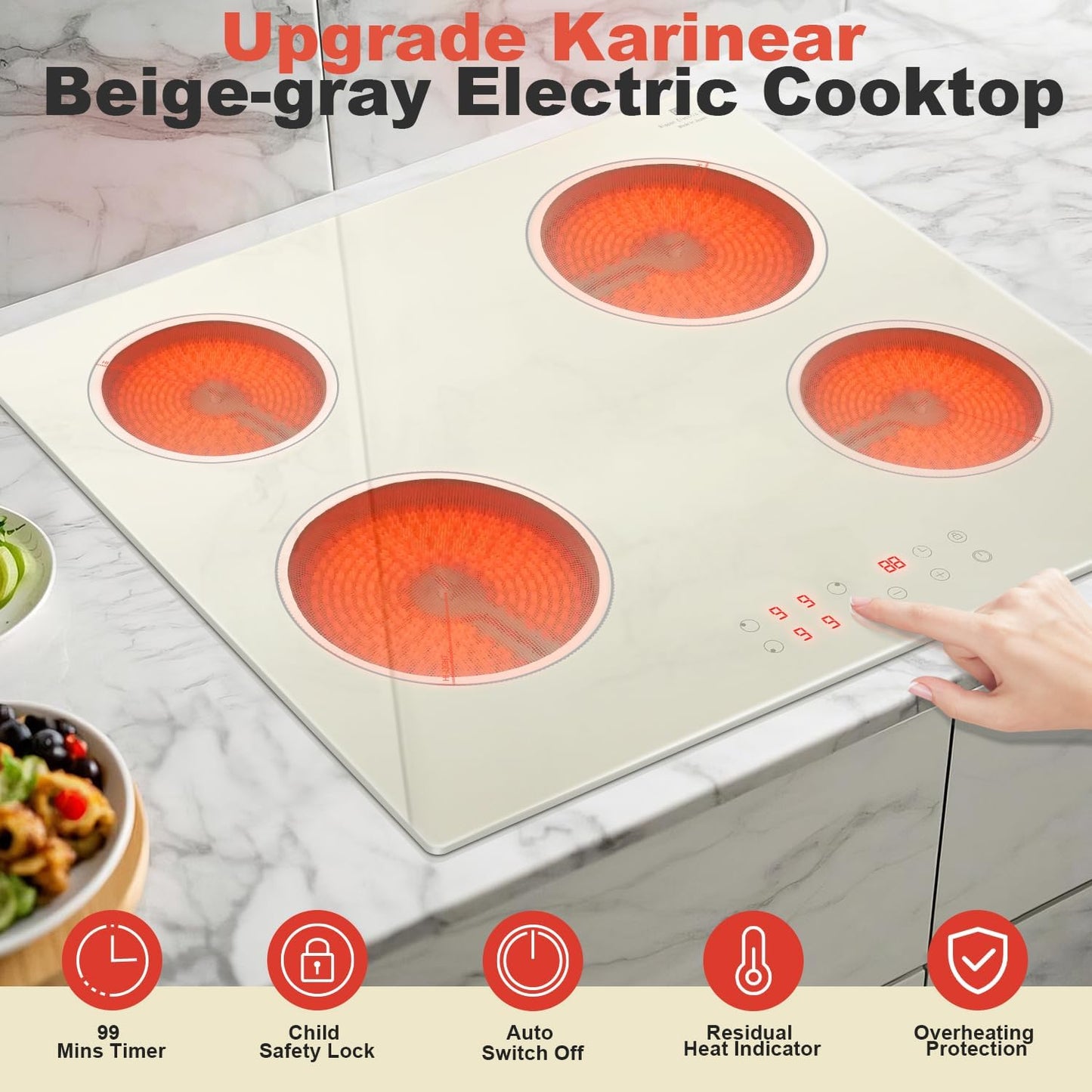 Karinear Electric Cooktop 24 Inch, Beige-gray Glass Electri Cermaic Stove, 4 Burners Electric Stove Top with Timer, Child Safety Lock, High Temperature Alert, 6000W, Drop-in 240V Hardwire(No plug)