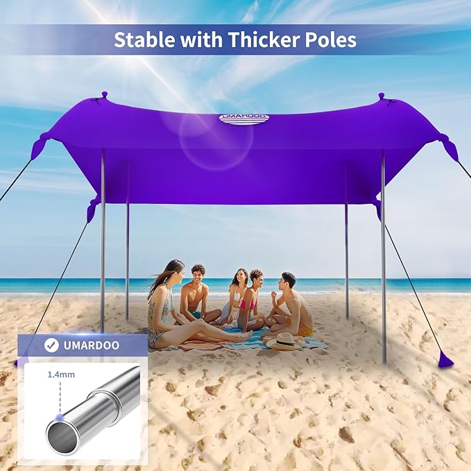 UMARDOO Family Beach Tent Canopy Sun Shade Portable, Large Compact Beach Sun Shelter Easy Setup with Packable Bag for Outdoor Travel (Purple, 12X12 FT. 4Poles)