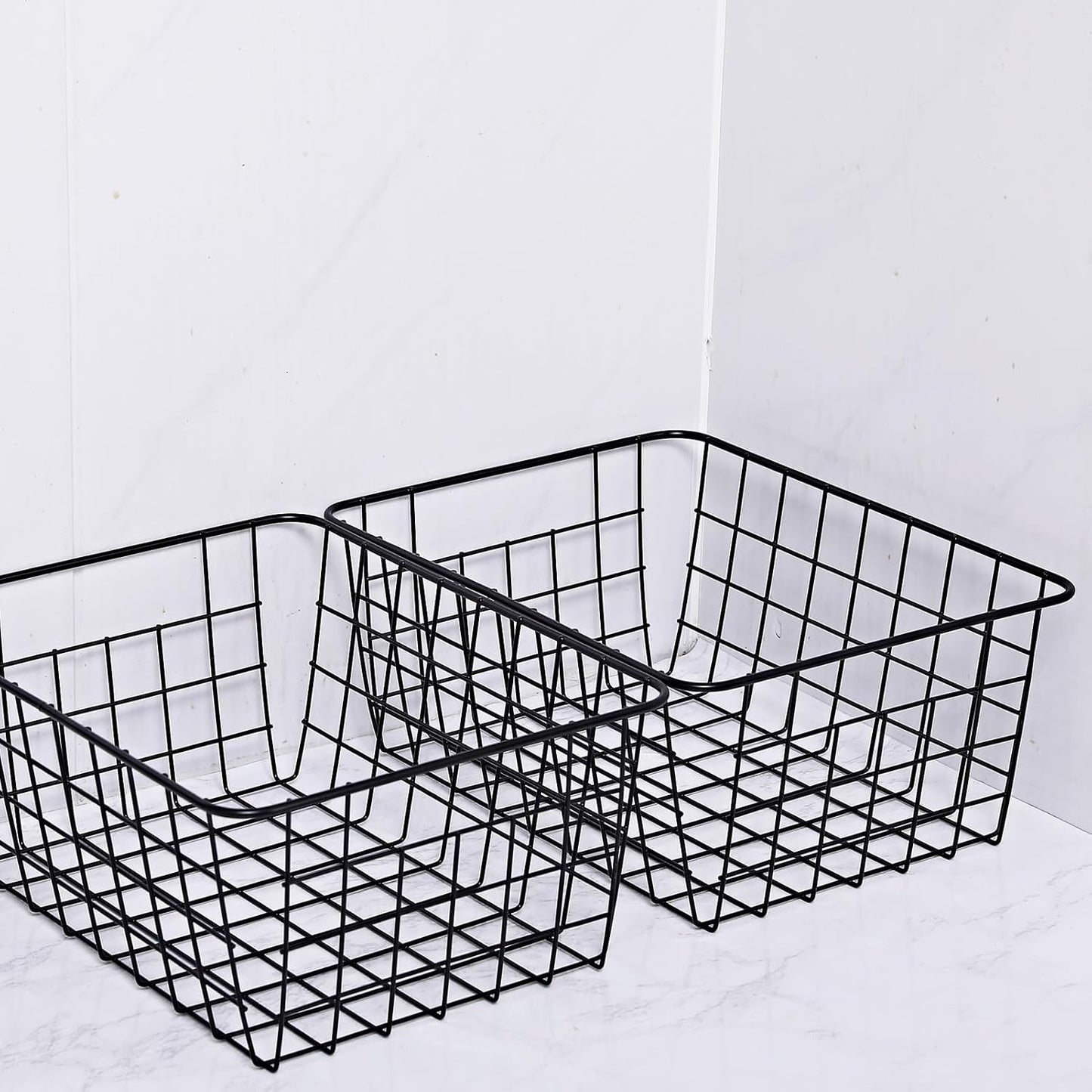 11" Upright Freezer Storage Baskets, Black Wire Storage Bins Small Bakset for Freezer, Pantry, Bathroom Organizing, Set of 2